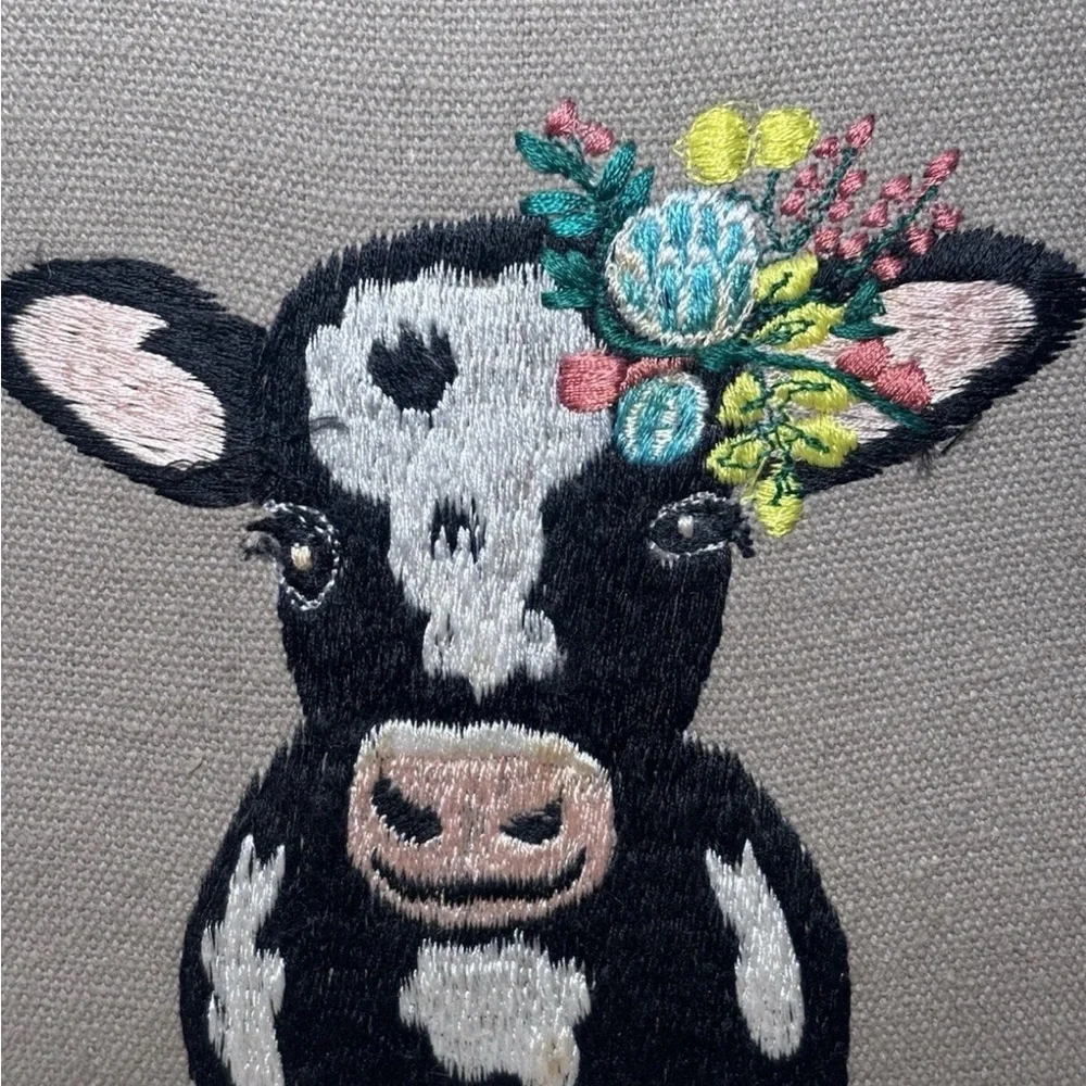 Charming Cow Embroidery Wall Art - White Frame